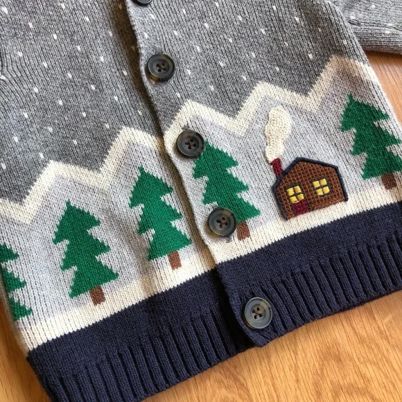 EUC Hanna Andersson Baby Boy Hooded Sweater-Gray With Buttons, Trees and Cabin - Picture 3 of 5